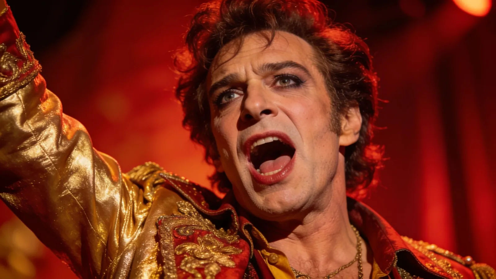 Flamboyant theatrical showman mid grand gesture