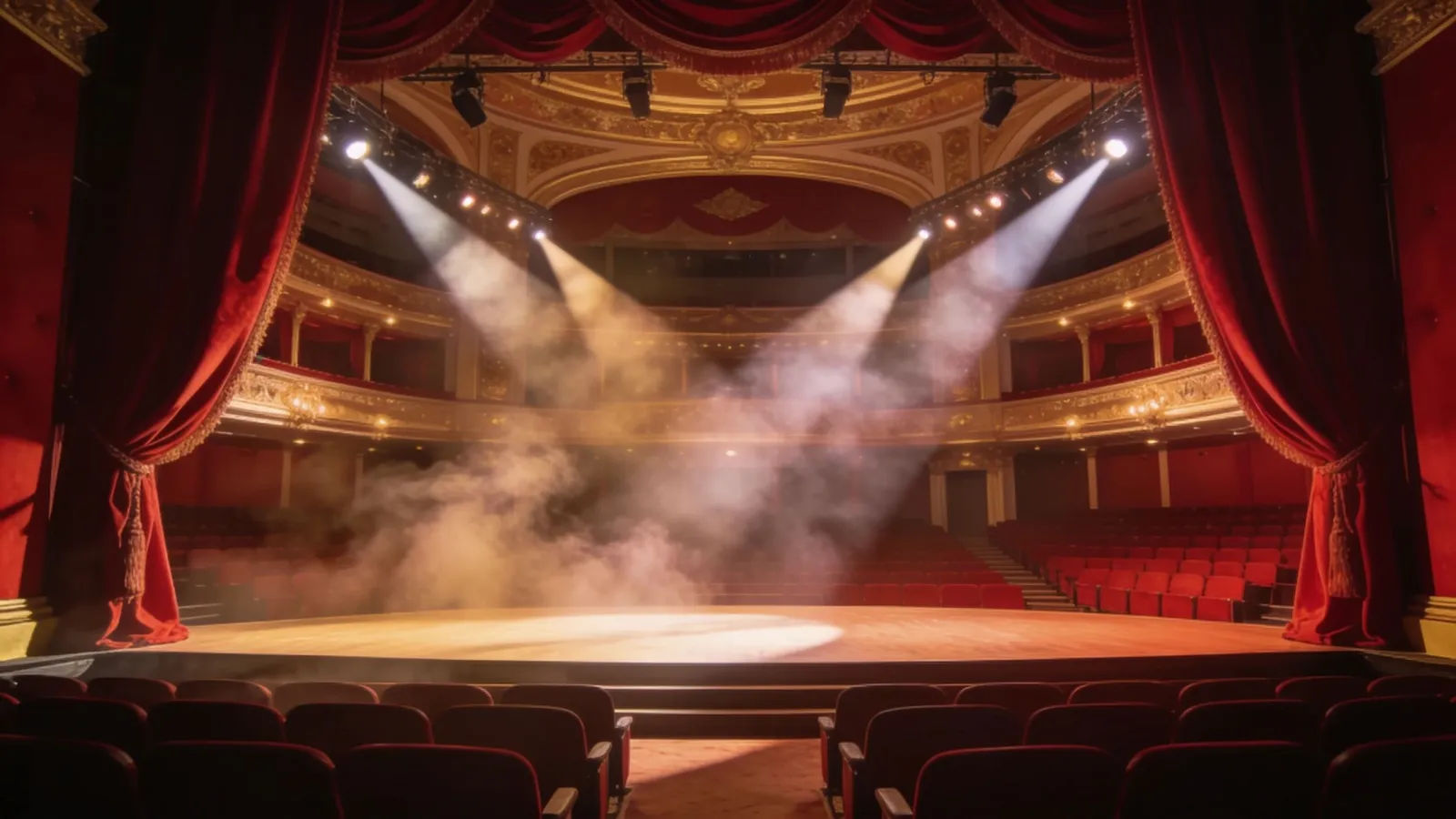 Grand empty theater stage with spotlight beams, curtains
