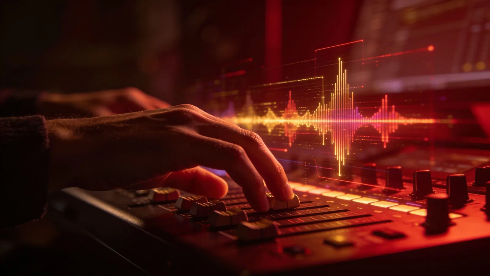 Creator hands at console with vivid audio interface