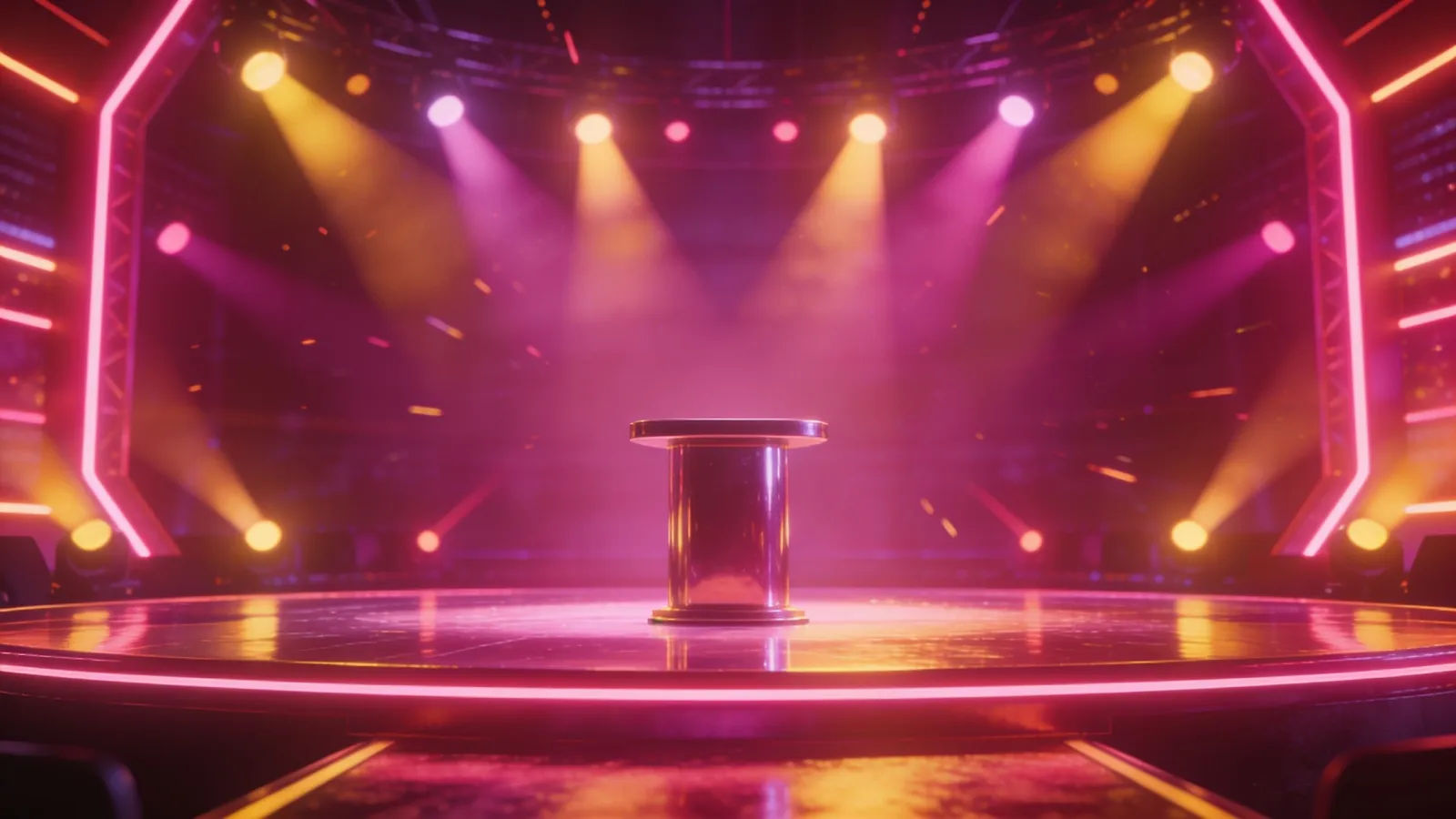Flashy neon-lit game-show stage with bold spotlights