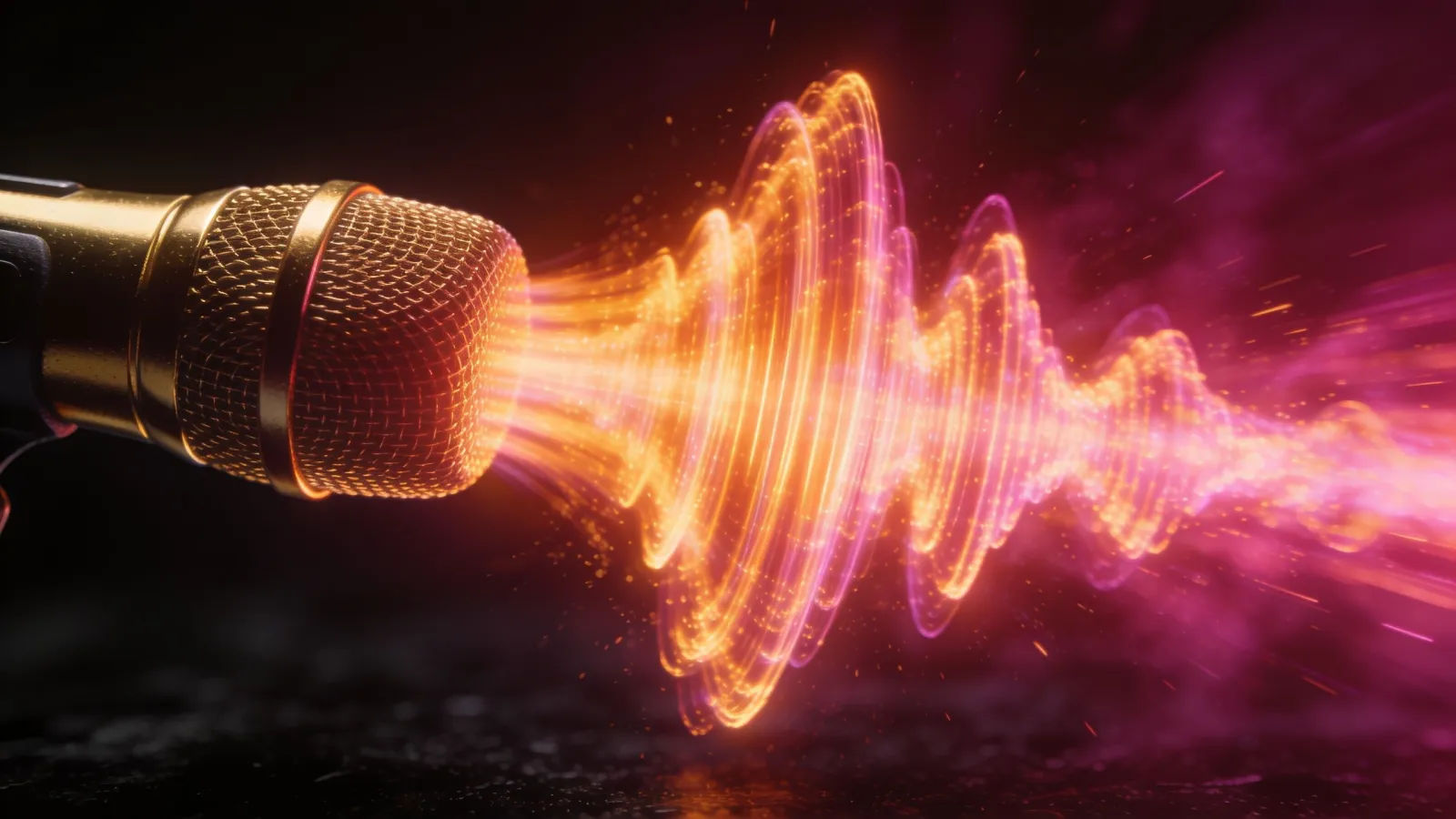 Large brash glowing waveform from a gold-tinted microphone
