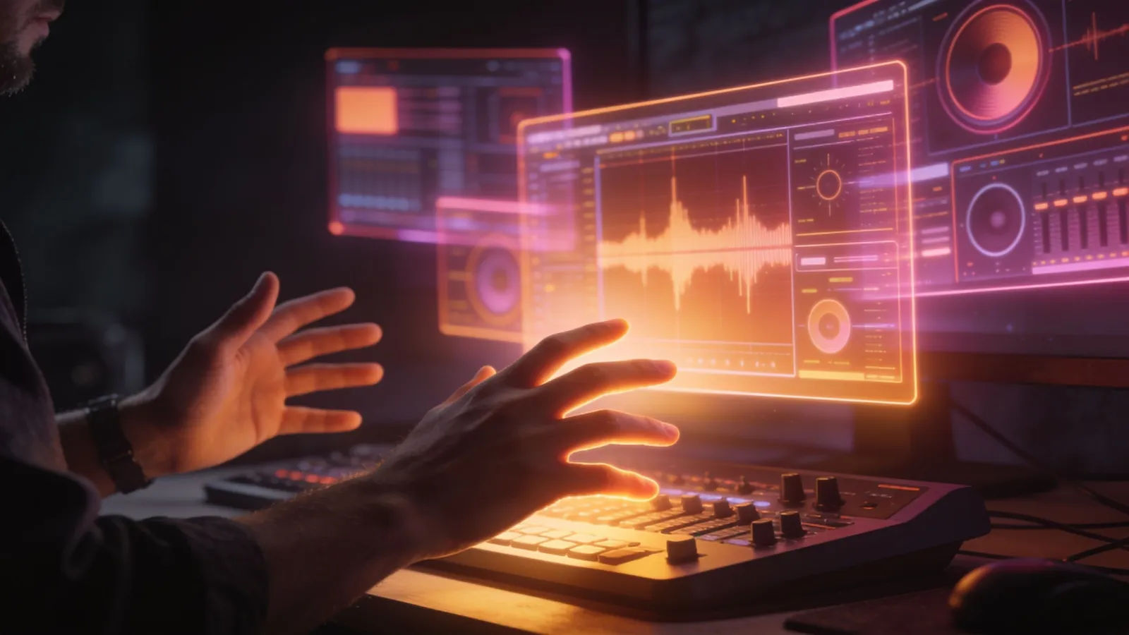 Hands gesturing grandly at a console with oversized audio UI