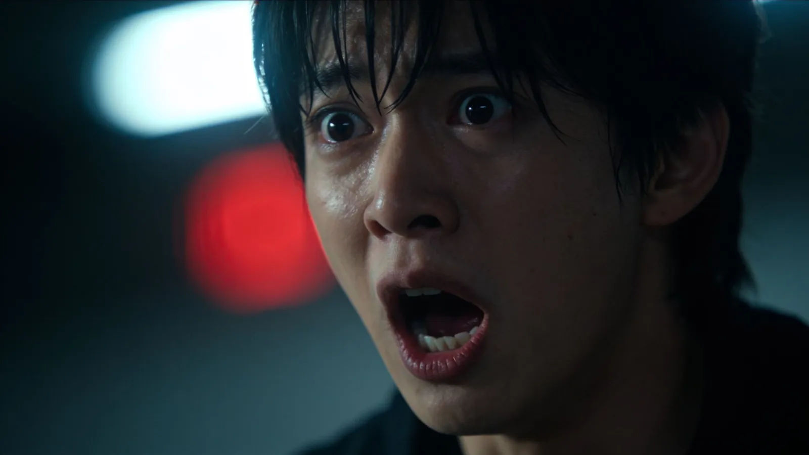 Frantic wide-eyed character mid-gasp in harsh light