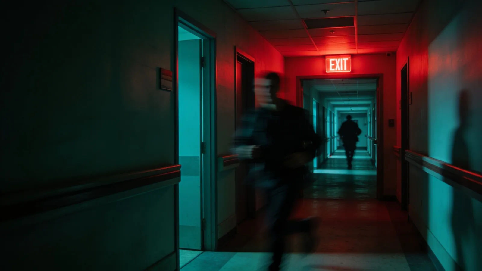 Dim corridor washed in pulsing red emergency light