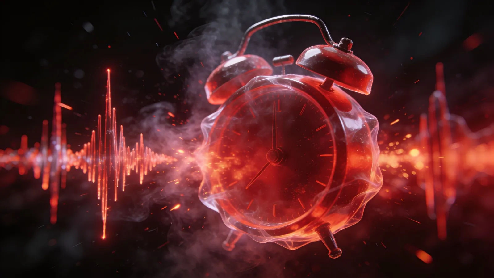 Chaotic spiking red audio waveform on black