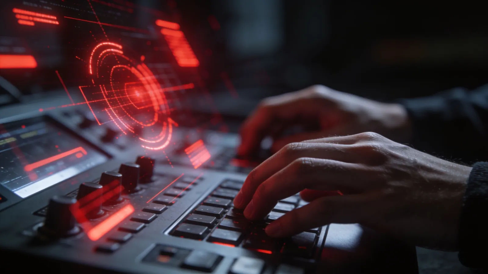 Tense hands at console with flickering red interface