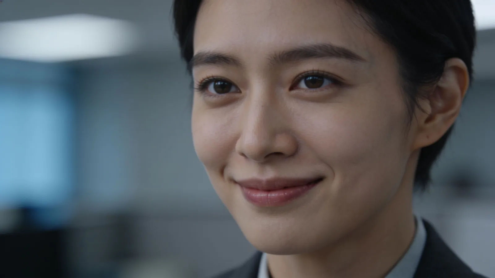 Person with tight polite fake smile, controlled portrait
