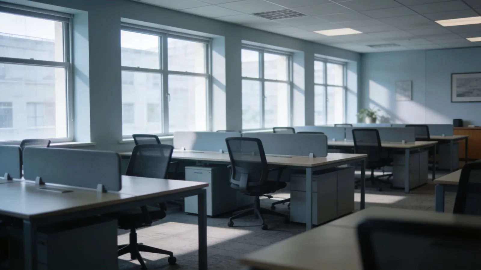 Modern open-plan office with empty desks, soft daylight