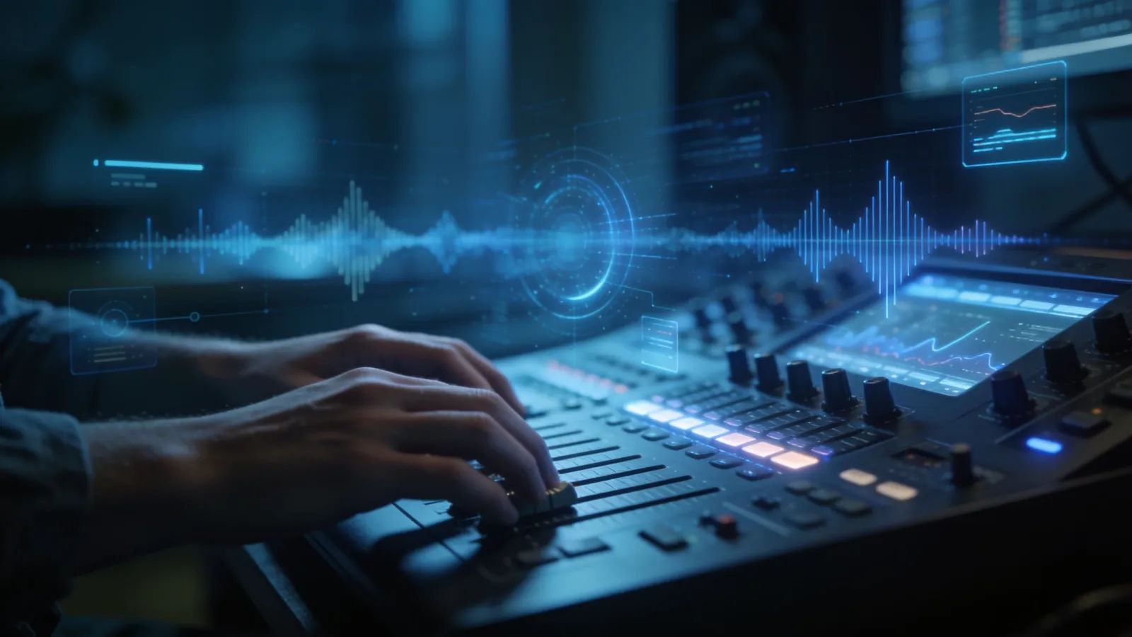 Creator hands at console with cool blue audio interface