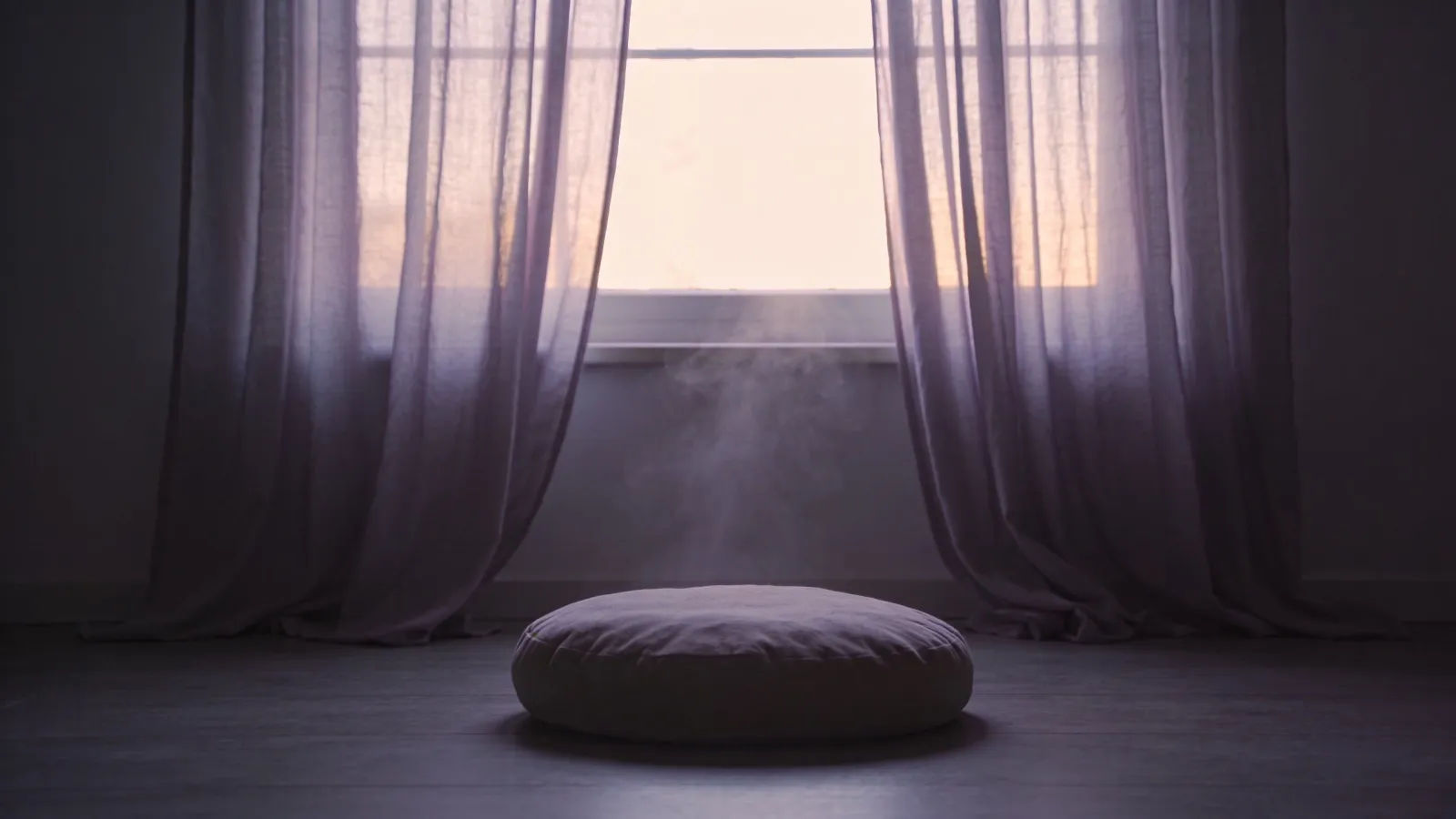 Tranquil dim meditation room with floor cushion