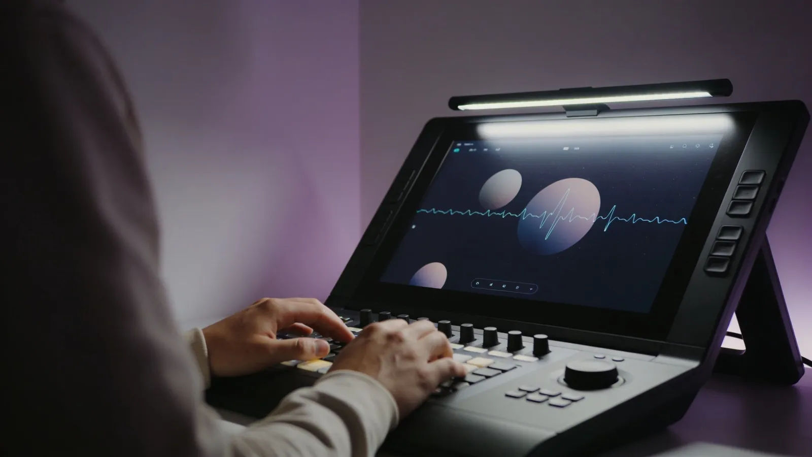 Hands resting gently on a calm audio console
