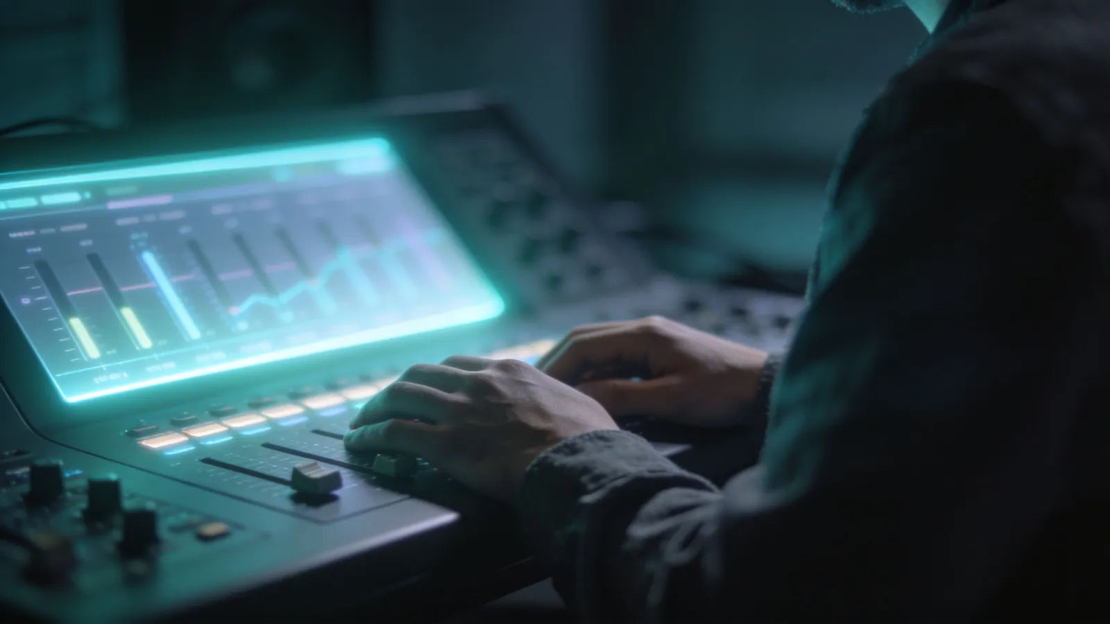 Hands resting at console with serene audio meters
