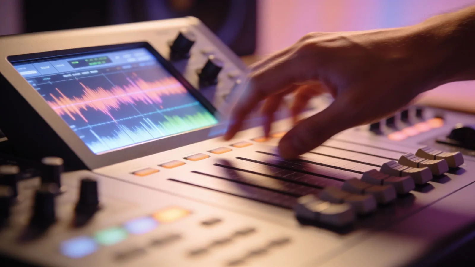 Hands at audio console with colorful waveform UI