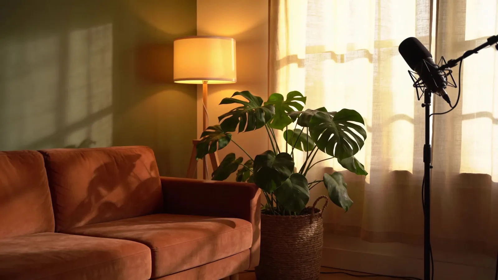 Cozy explainer and podcast studio corner