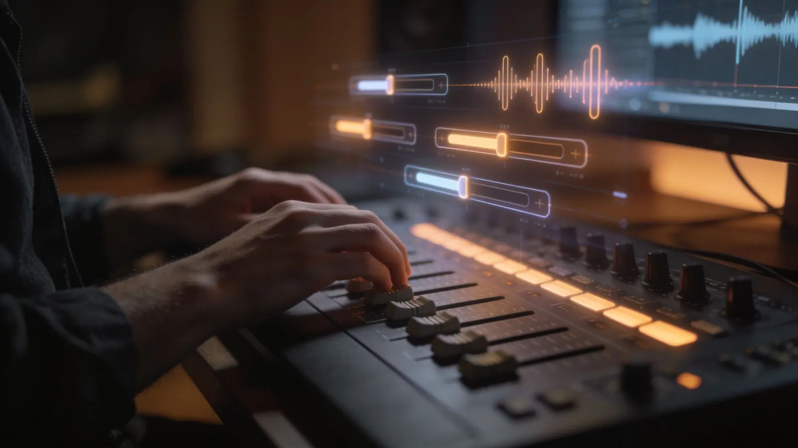 Hands at a console with a glowing audio interface