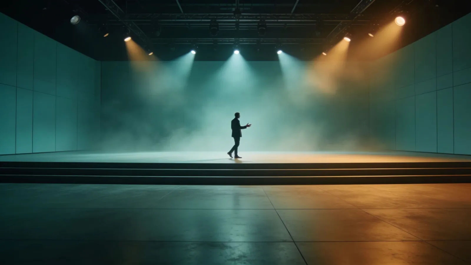 Lone presenter gesturing on a sleek studio stage