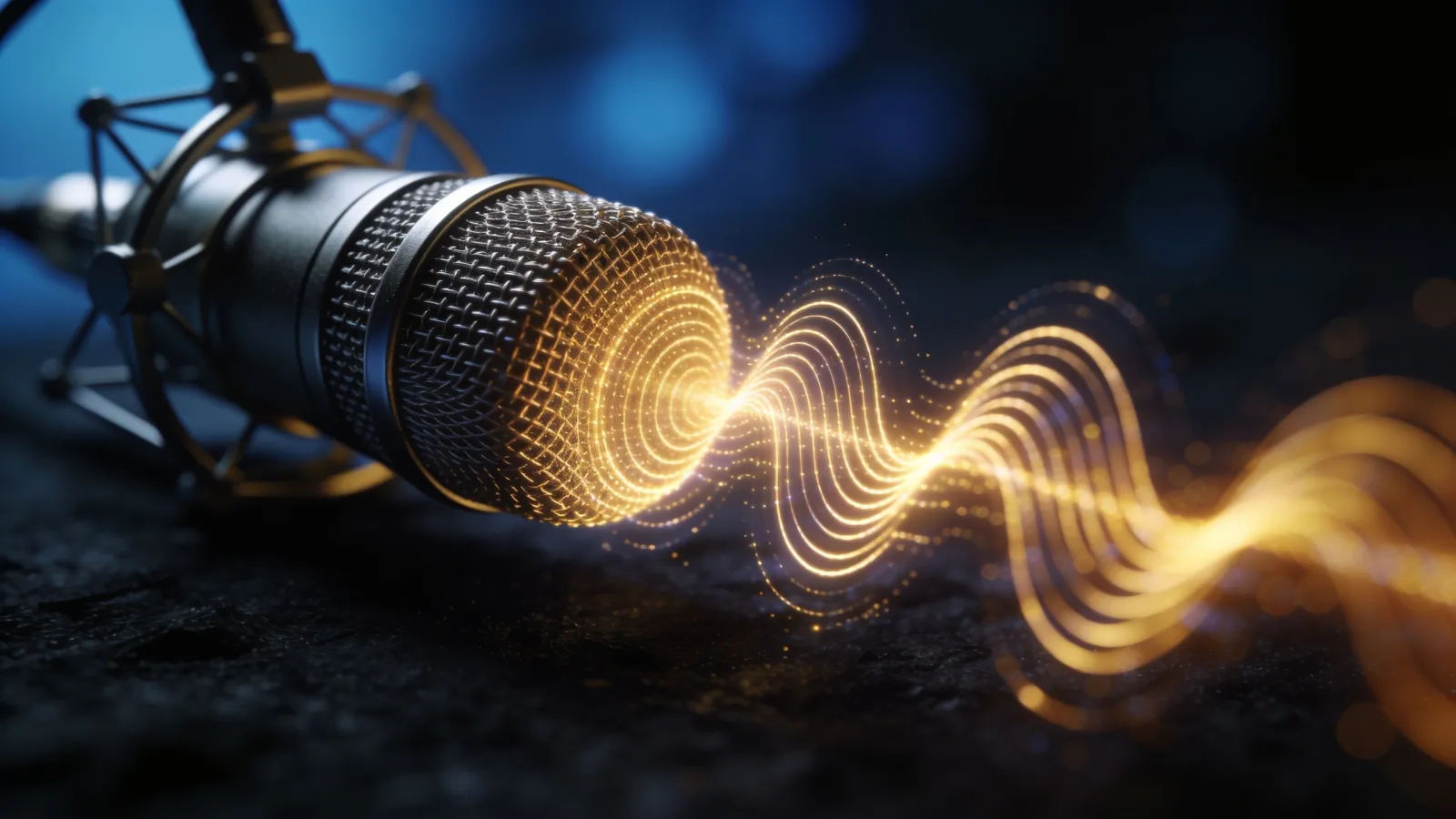 Studio microphone with glowing concentric waveform rings