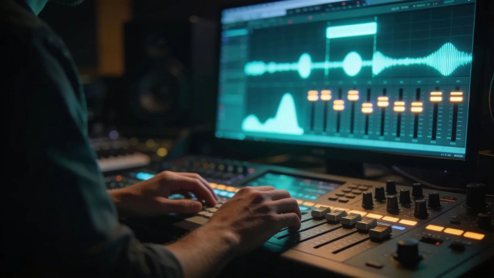 Hands at a console with abstract audio UI