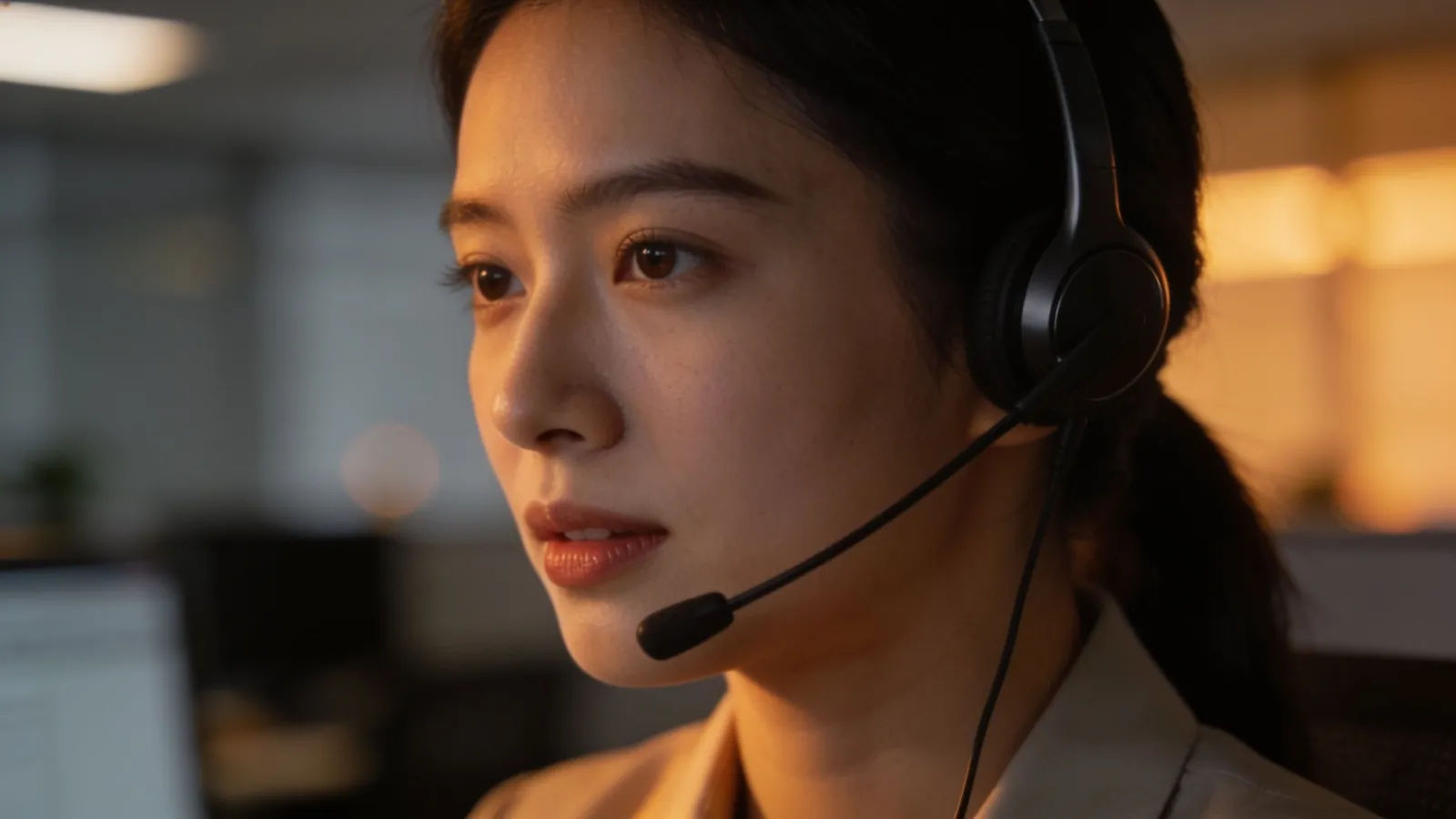 Warm phone receptionist wearing a headset, cinematic portrait