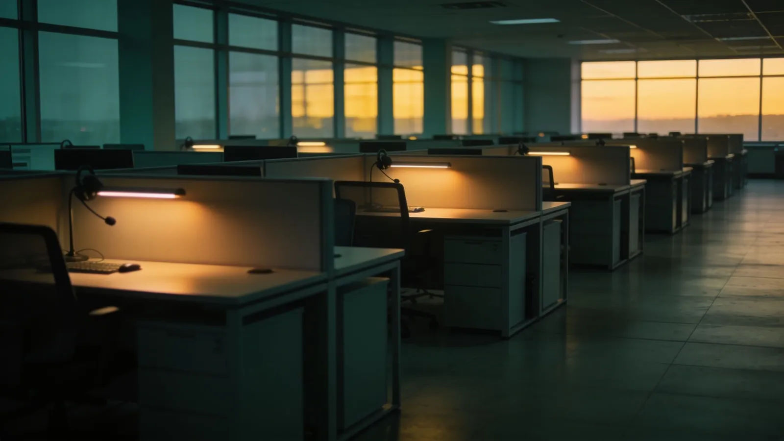 Calm modern call-center floor at dusk, wide shot