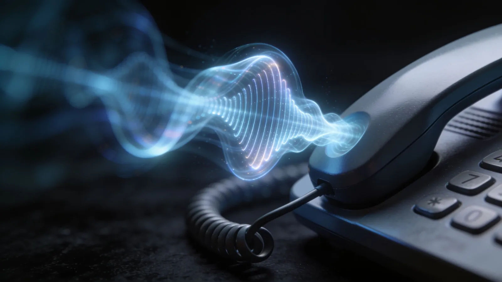 Glowing waveform curling from a desk telephone handset