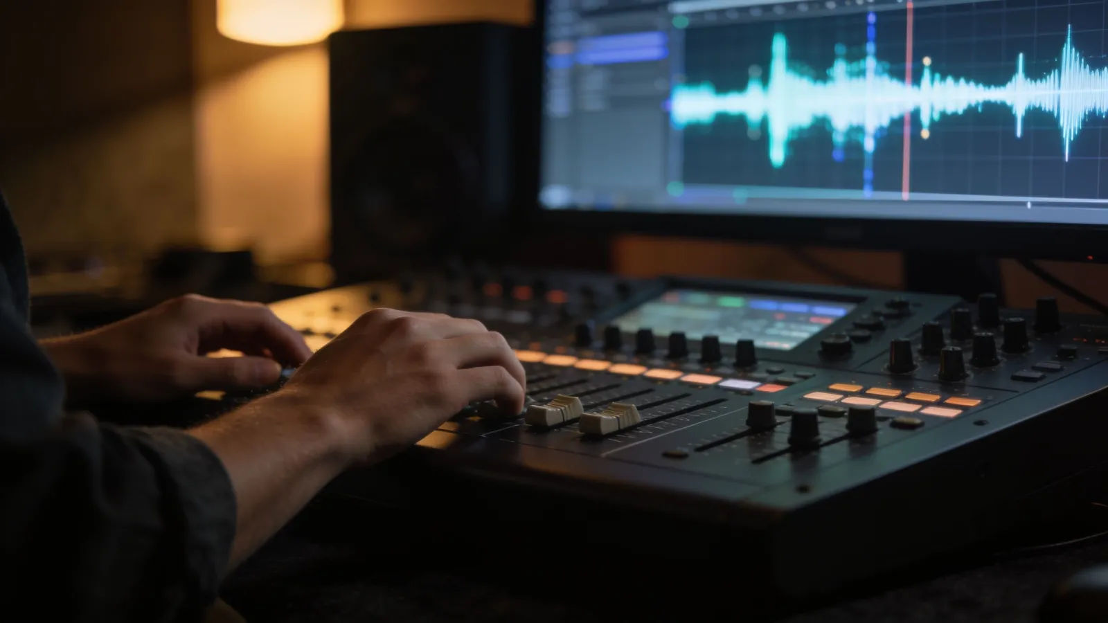 Hands at a mixing console with abstract waveform screen
