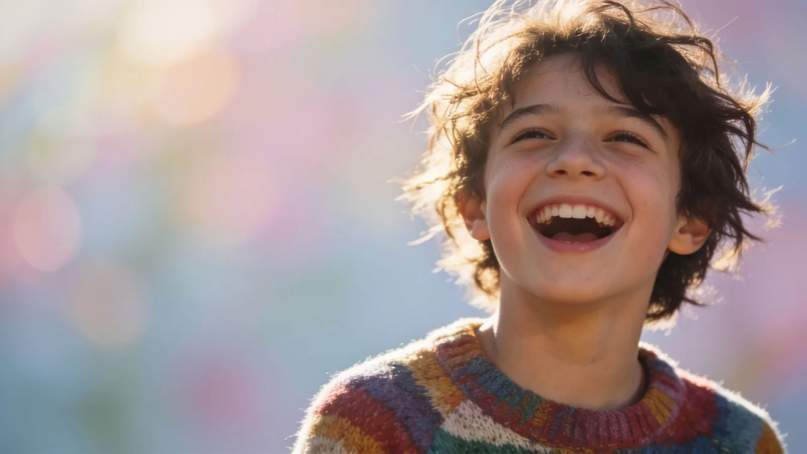 Laughing expressive performer in colorful knit, playful portrait