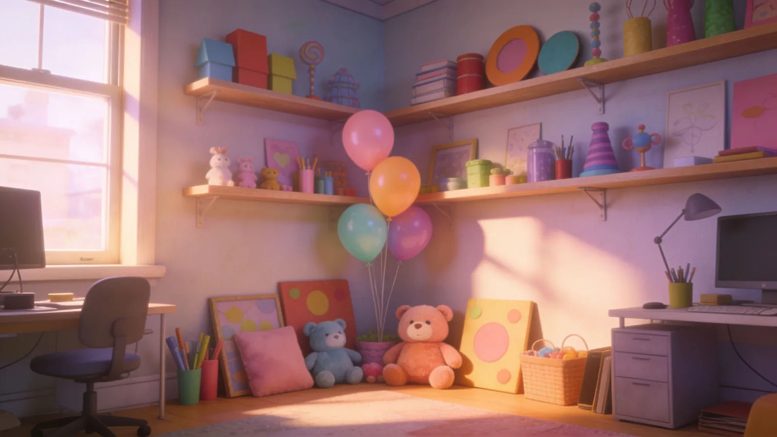 Cozy animation studio corner with balloons and toys