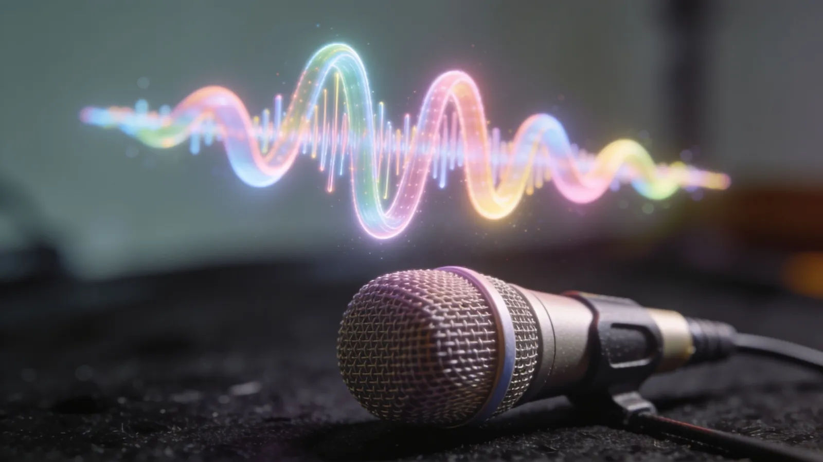 Pastel bouncy soundwave ribbon above a studio microphone