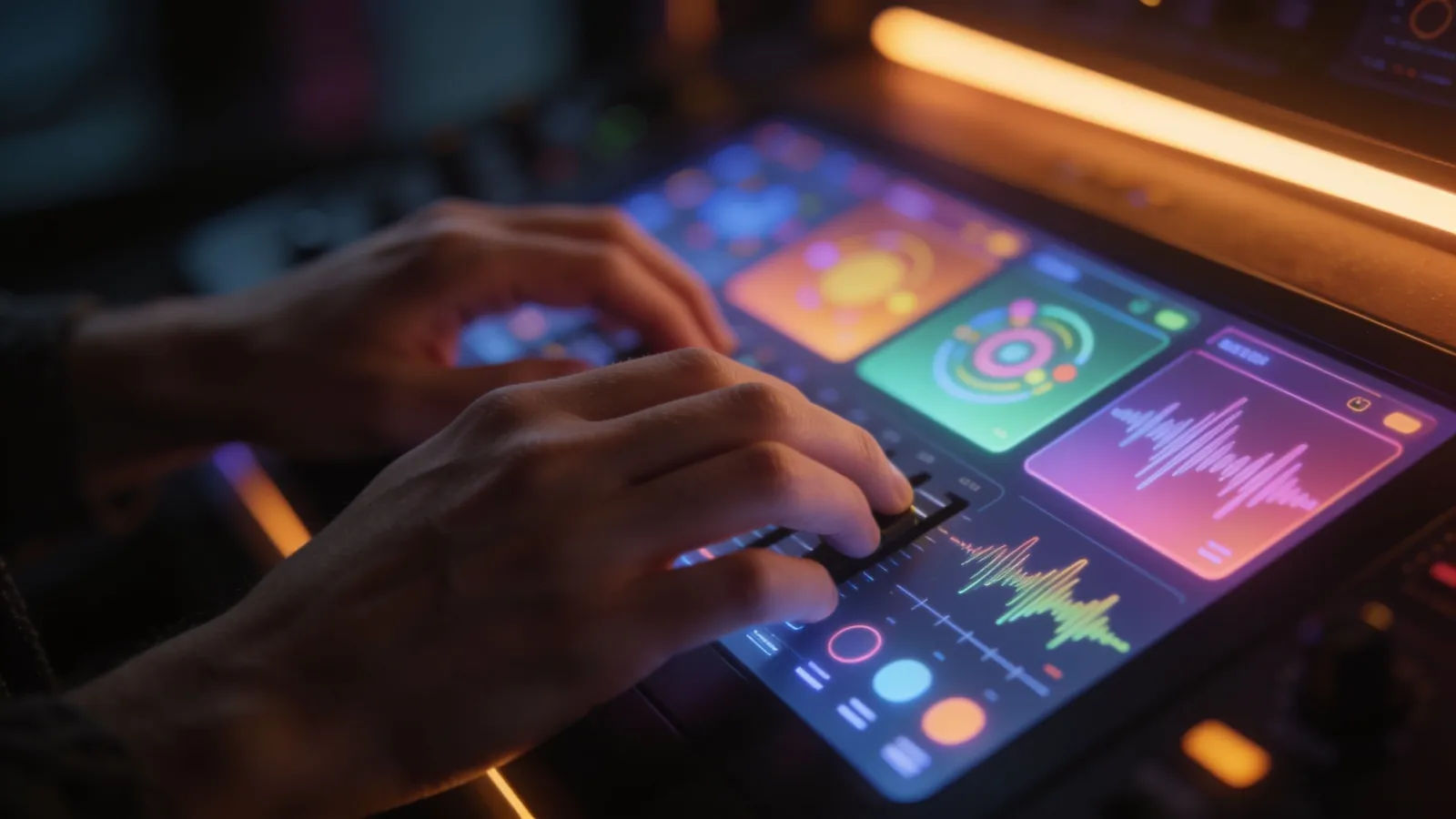 Hands at a colorful console with playful audio UI