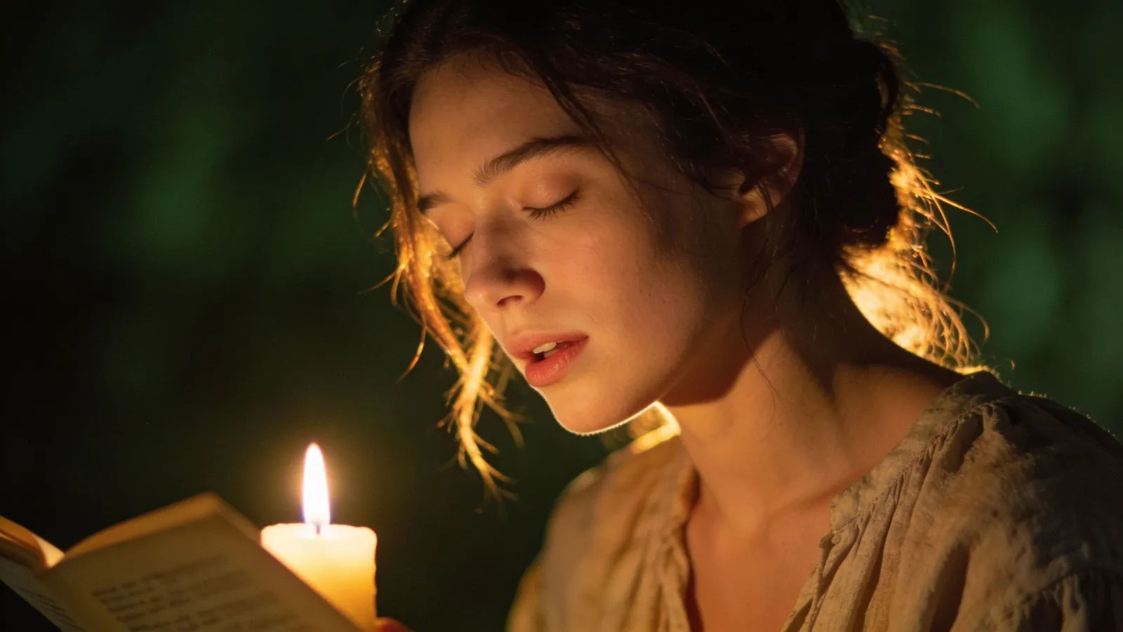 Serene woman reciting verse in warm candlelight