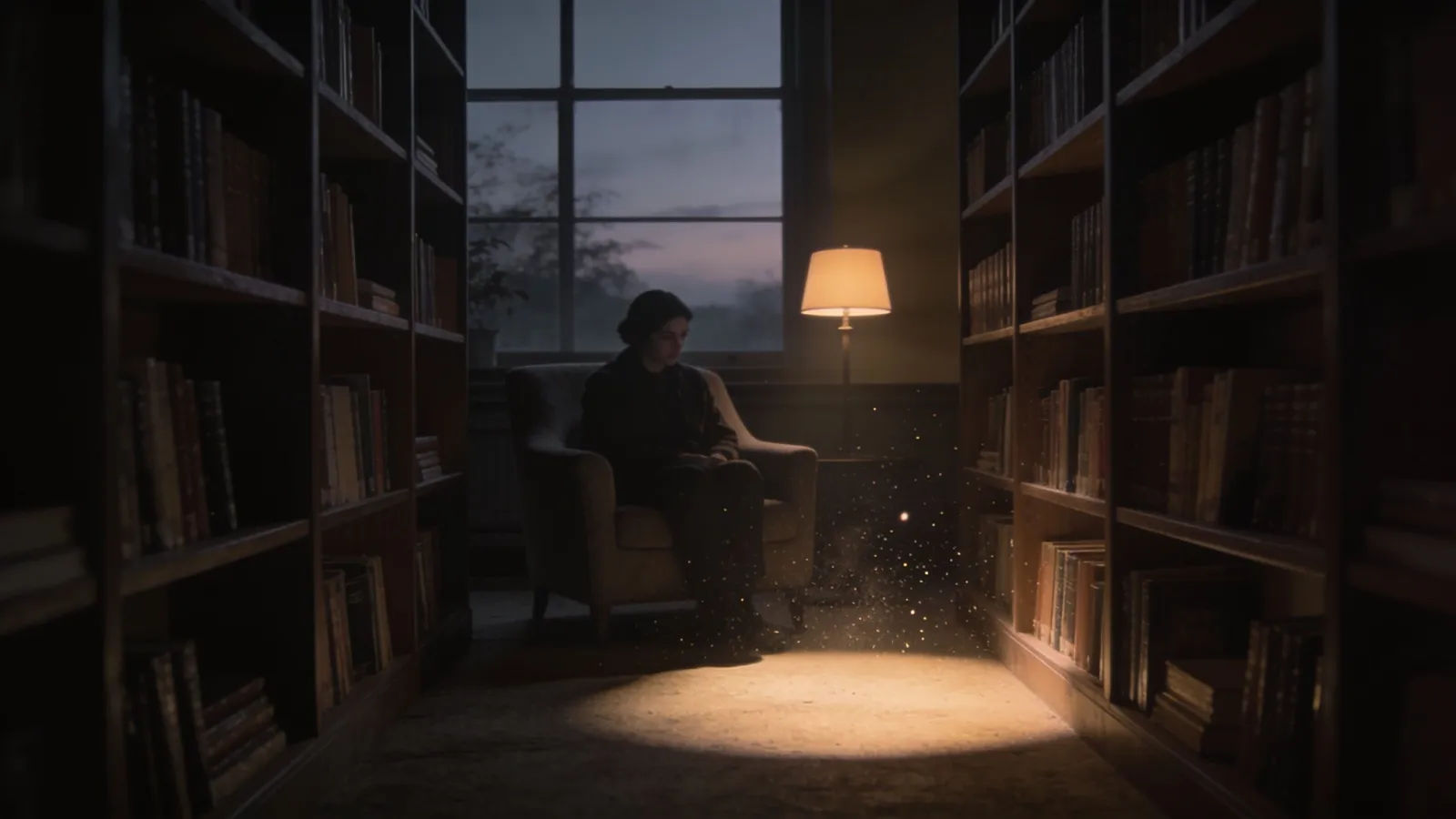 Dim reading room with lone figure at dusk