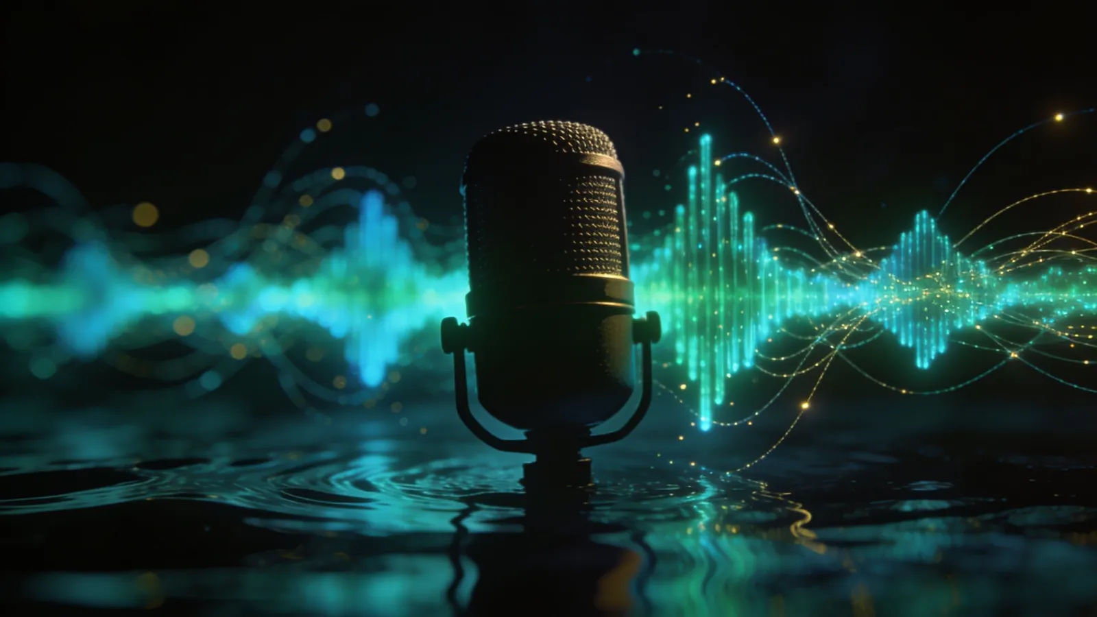Glowing teal waveform and studio microphone silhouette