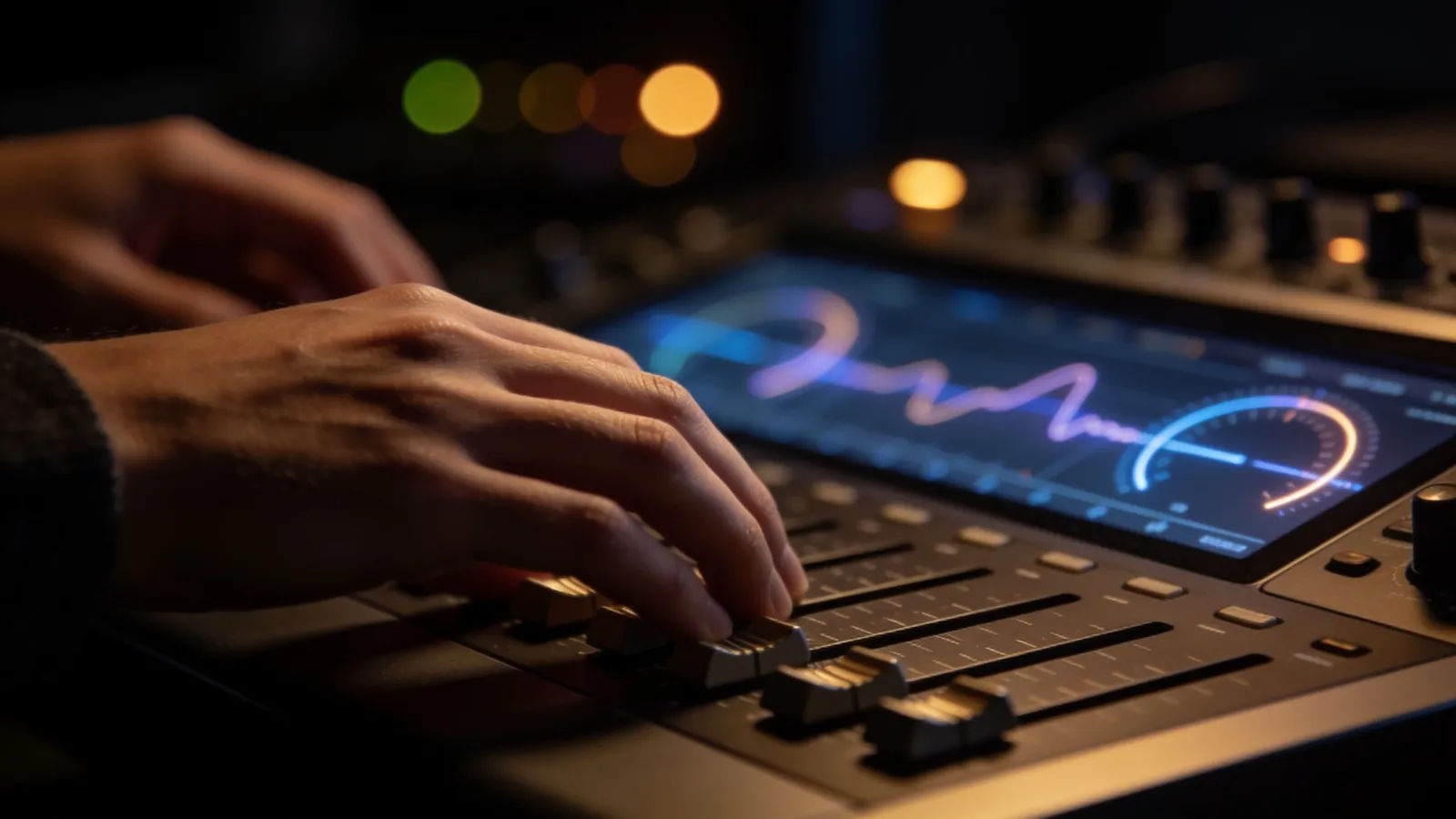 Hands on glowing audio console in dark studio