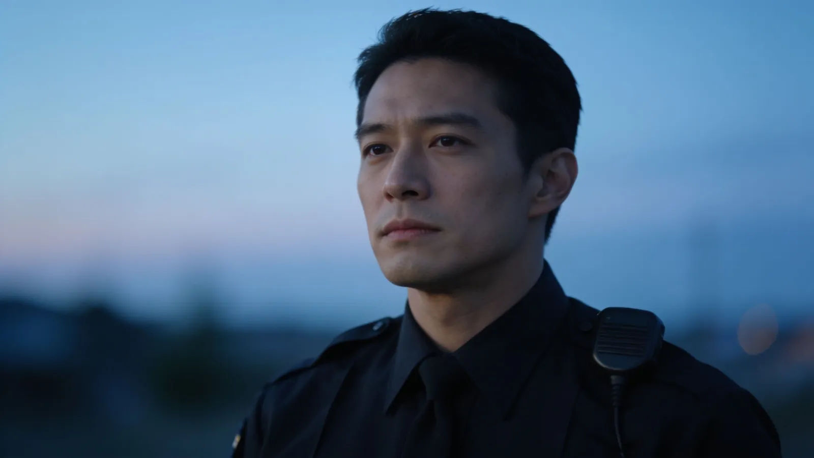 Calm officer in plain uniform, no insignia, cinematic portrait