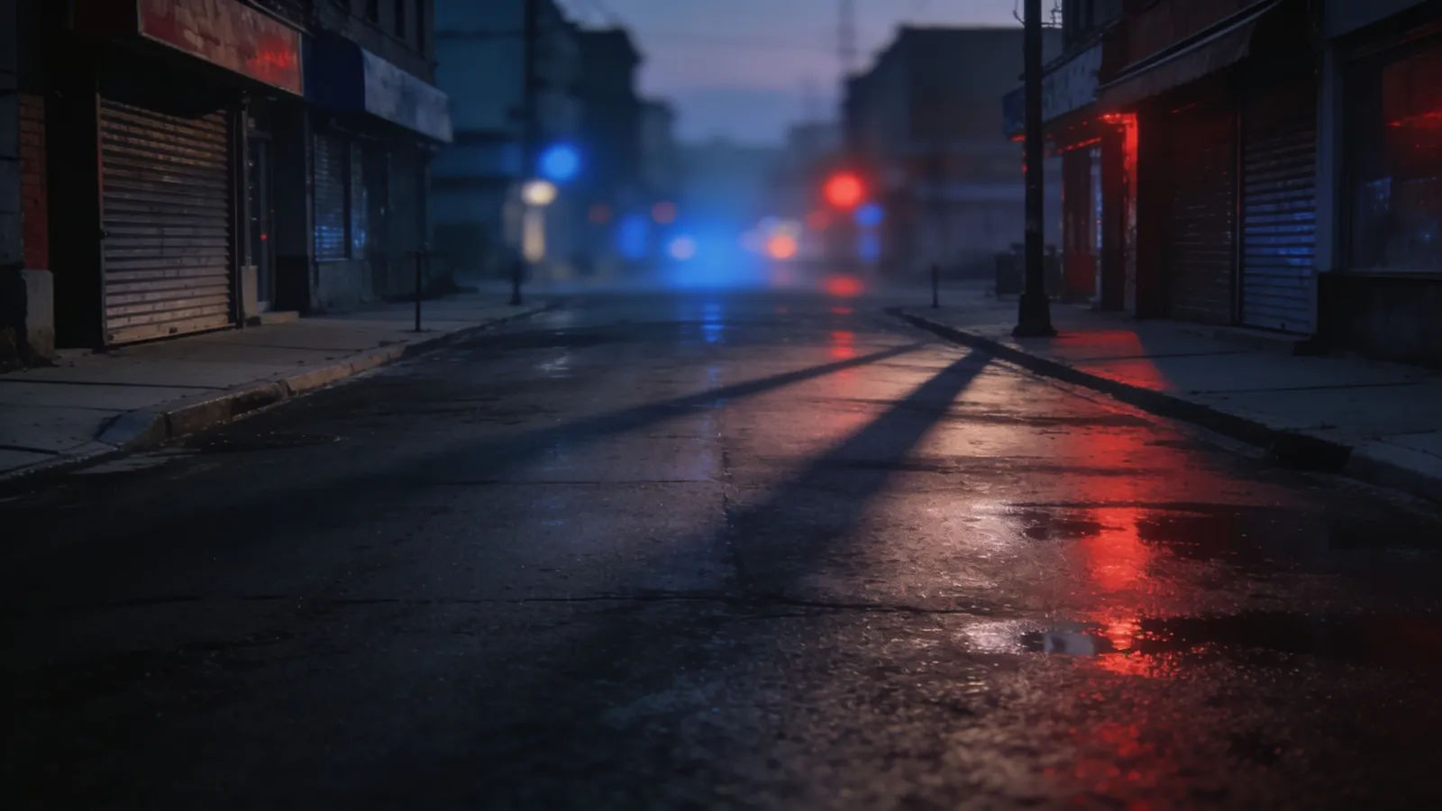 Quiet city street at dusk, blurred light glow