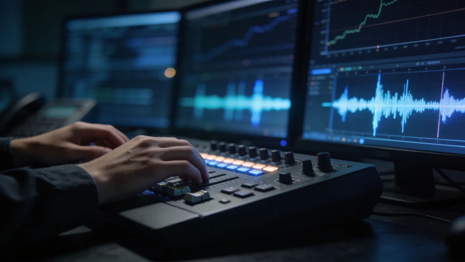 Hands at a dispatch console with abstract waveform screens