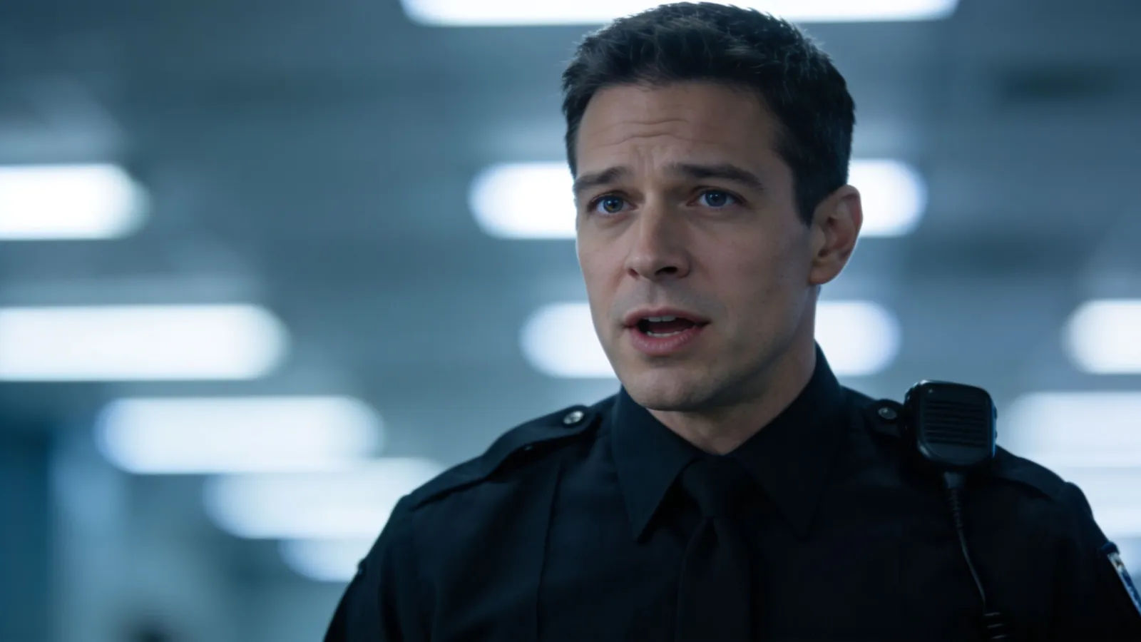 Patrol officer speaking in cinematic blue-grey portrait