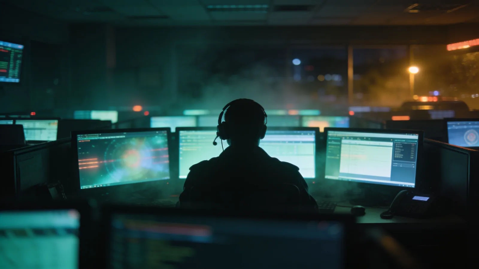 Dim dispatch control room with glowing monitors at night