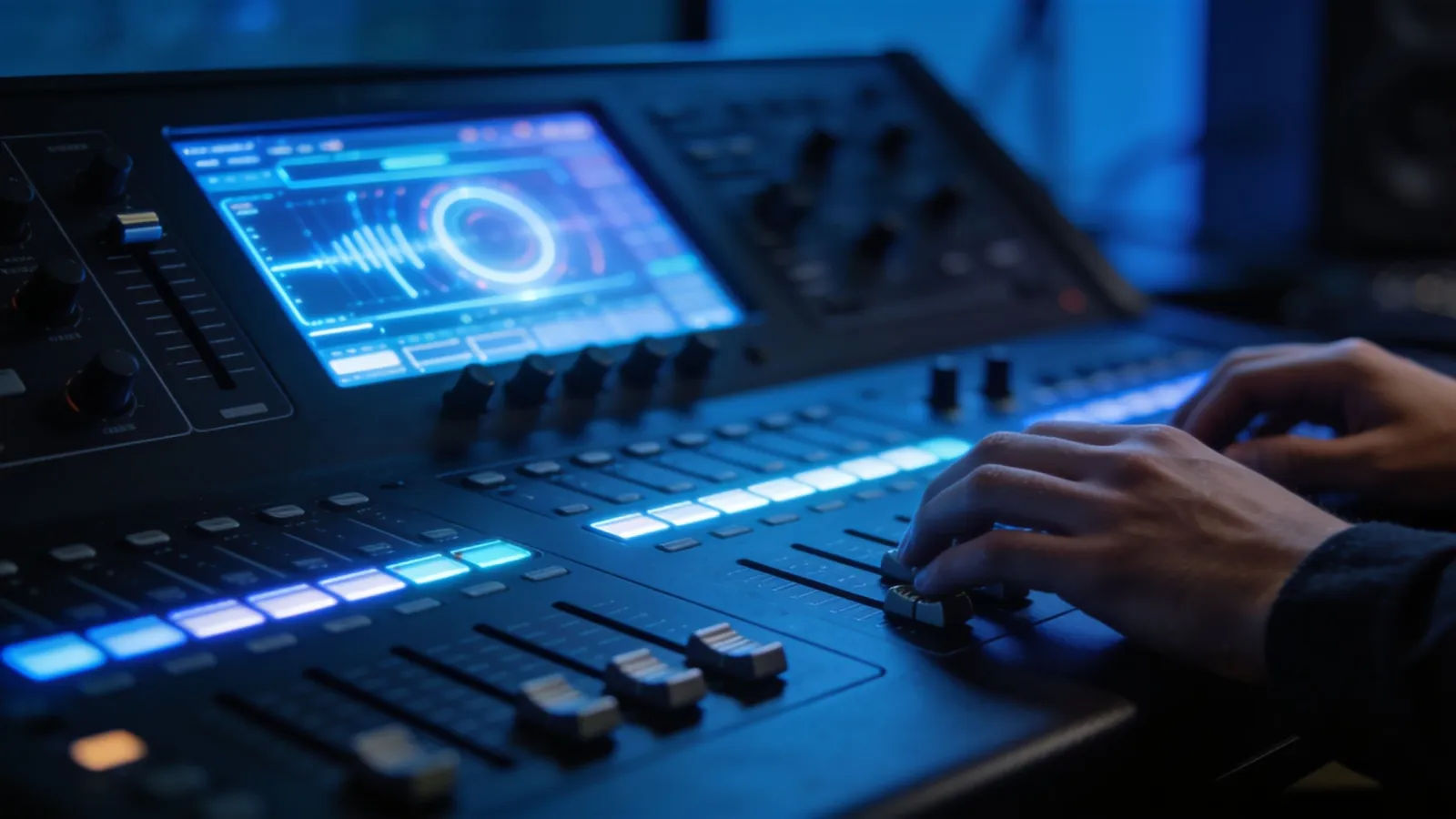 Hands on dark audio console with blue glow