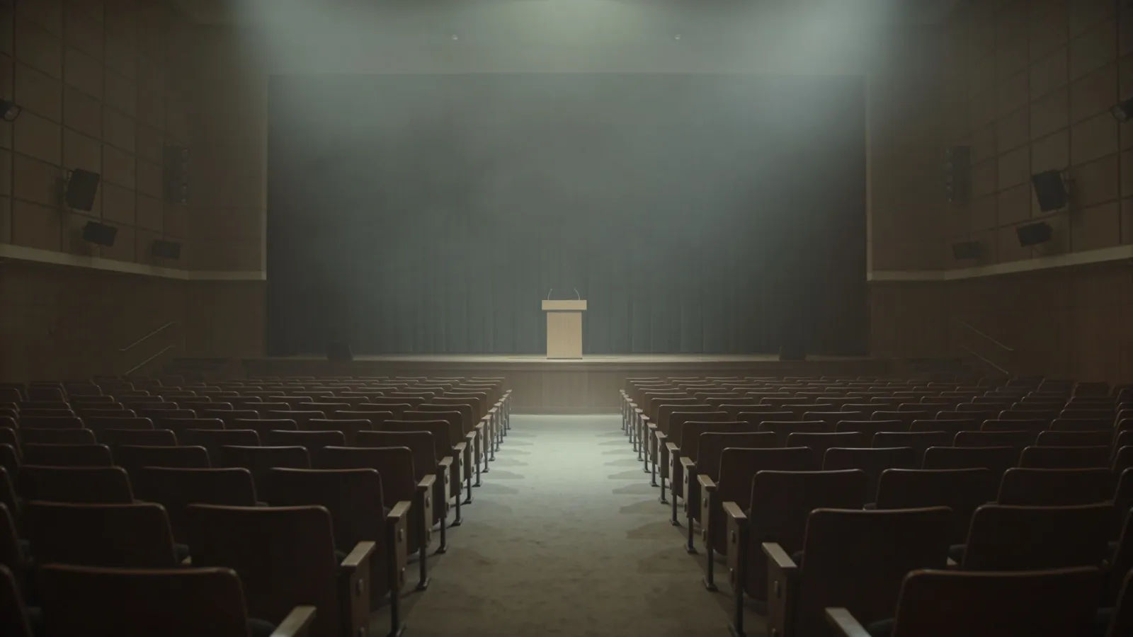 Empty formal auditorium with distant stage lectern