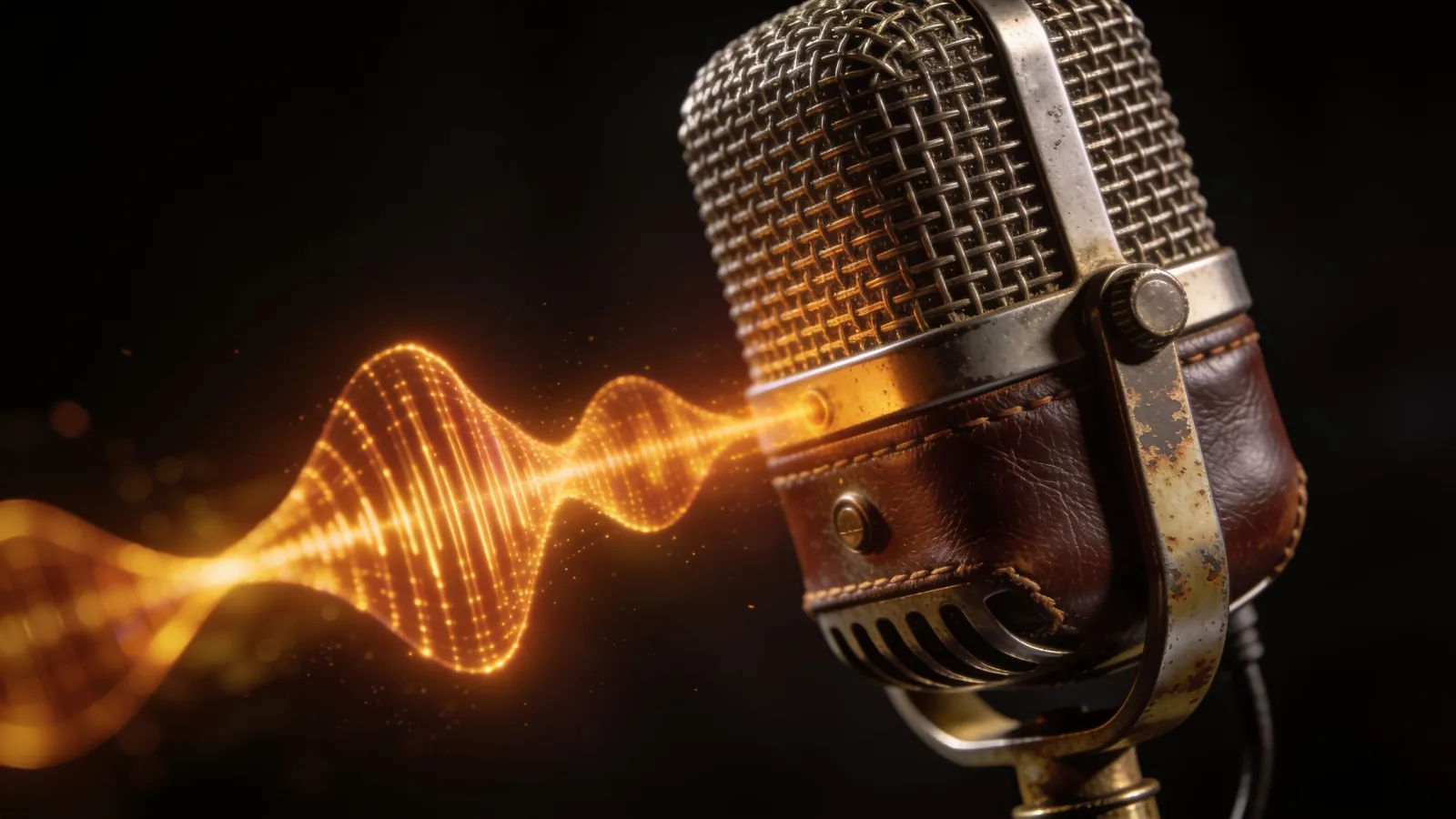 Vintage broadcast microphone with amber waveform ribbon