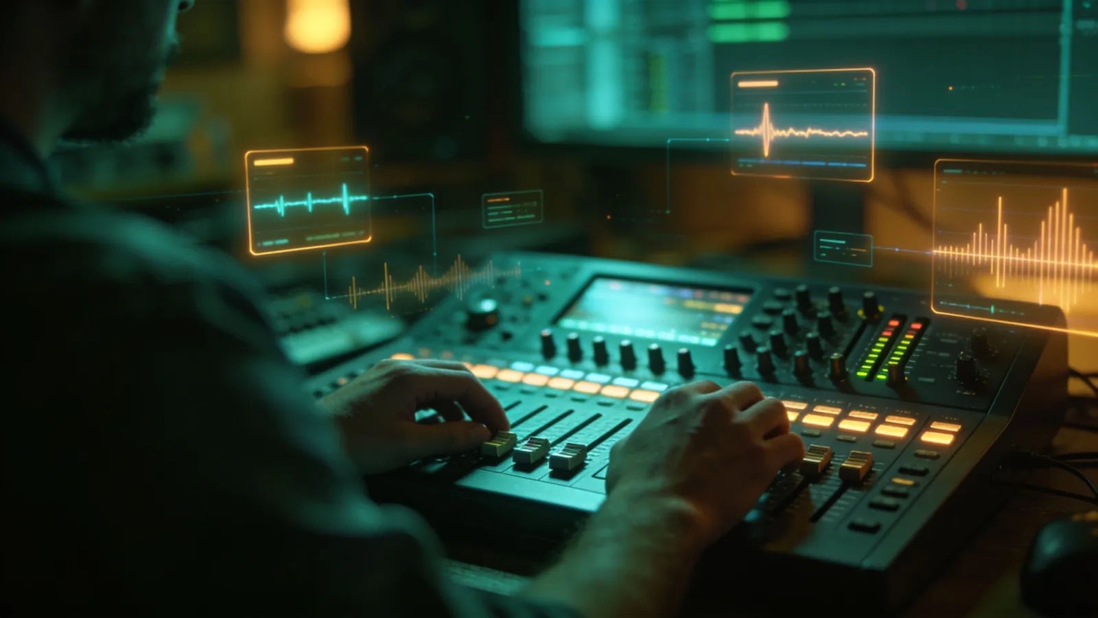 Hands at mixing console with glowing audio UI