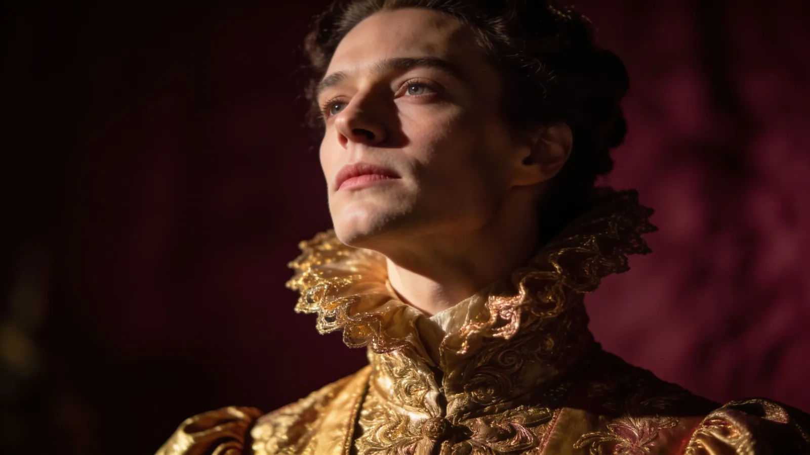 Haughty aristocratic figure, chin raised, opulent attire