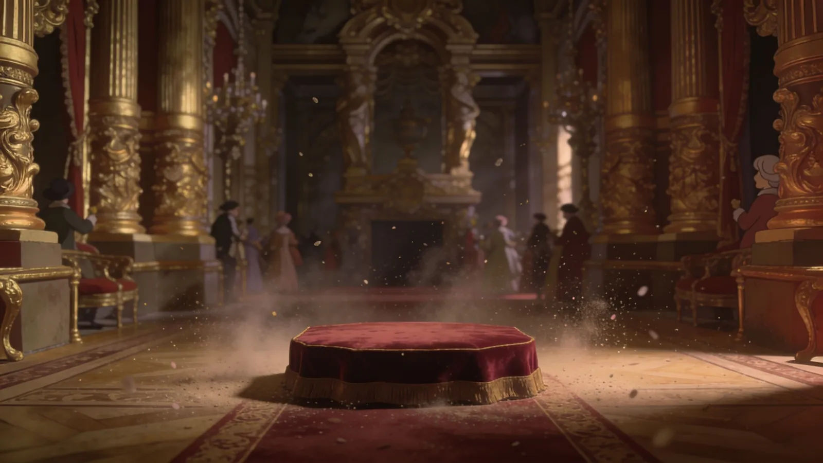 Grand ornate baroque hall with empty stage