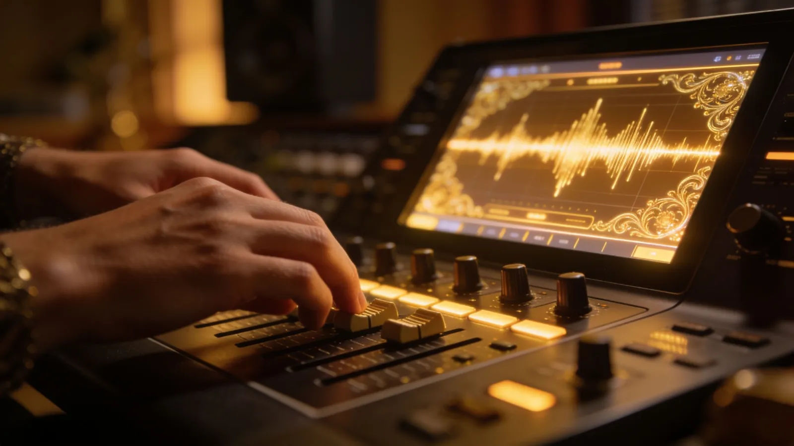 Hands at console with ornate gold waveform UI