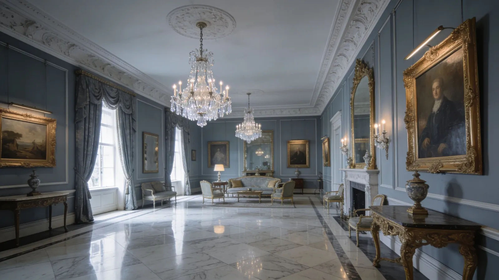 Opulent period drawing room with chandeliers