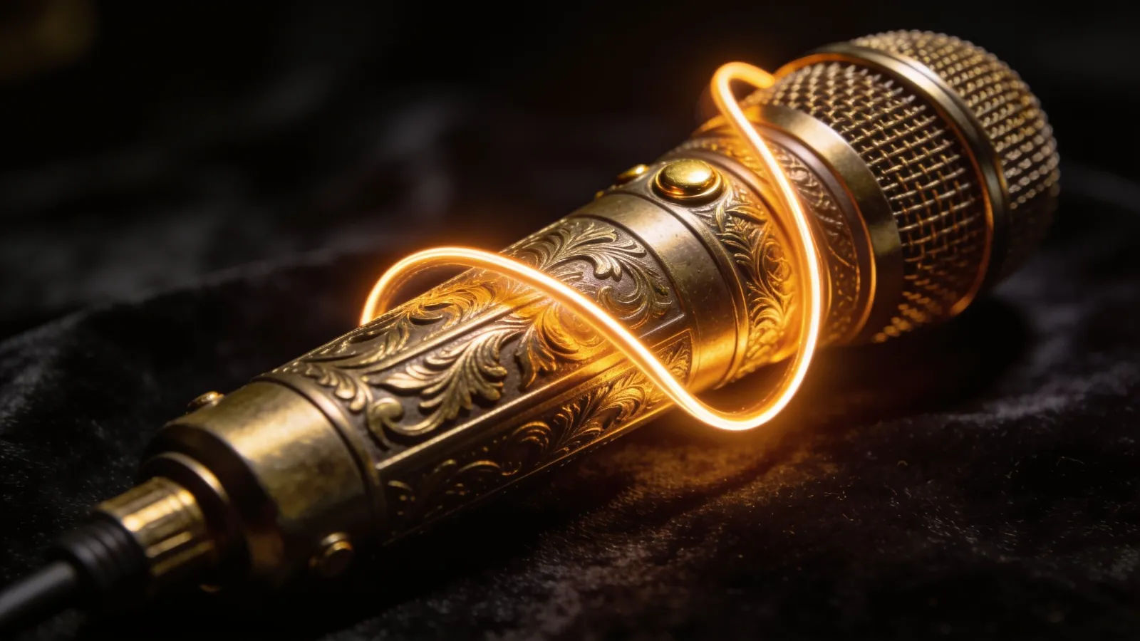 Ornate brass microphone with a glowing waveform