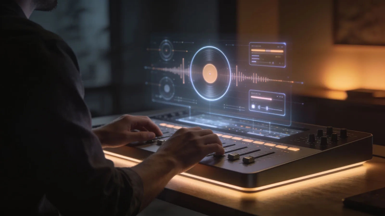 Hands at a sleek console with a glowing audio interface