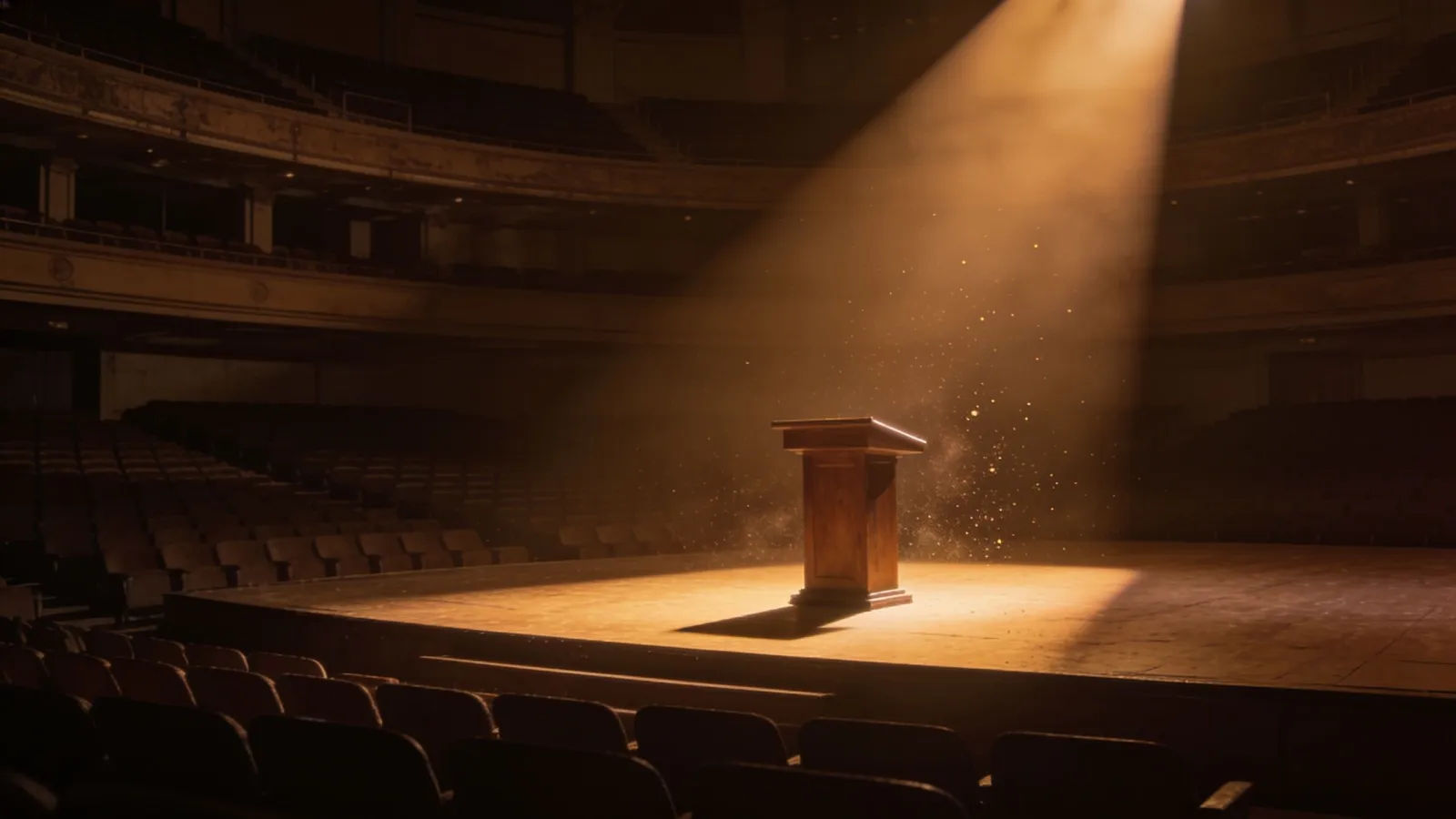Lit lectern in a grand empty auditorium